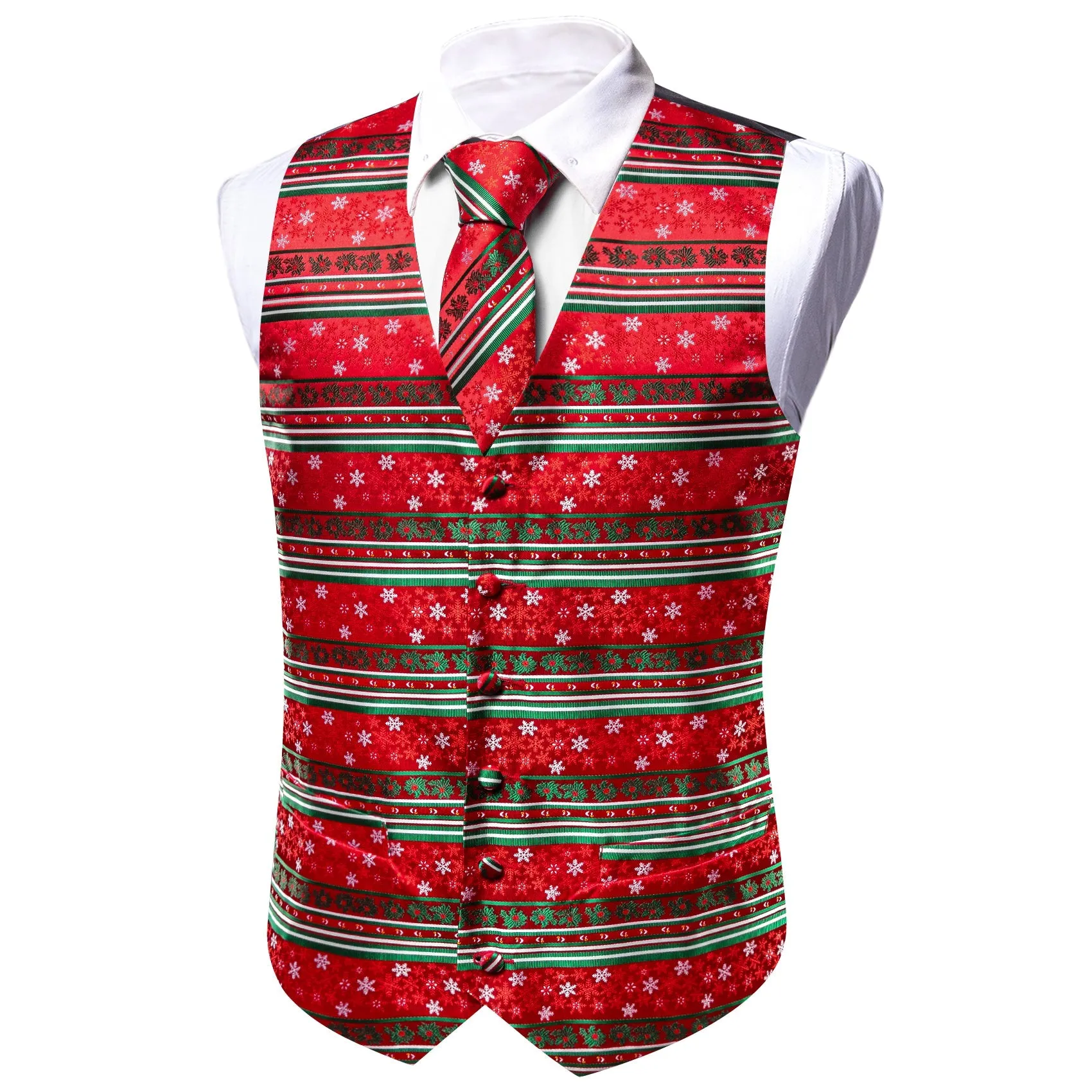 Christmas Bright Red Green White Snowflake Silk Men's Vest Hanky Cufflinks Tie Set