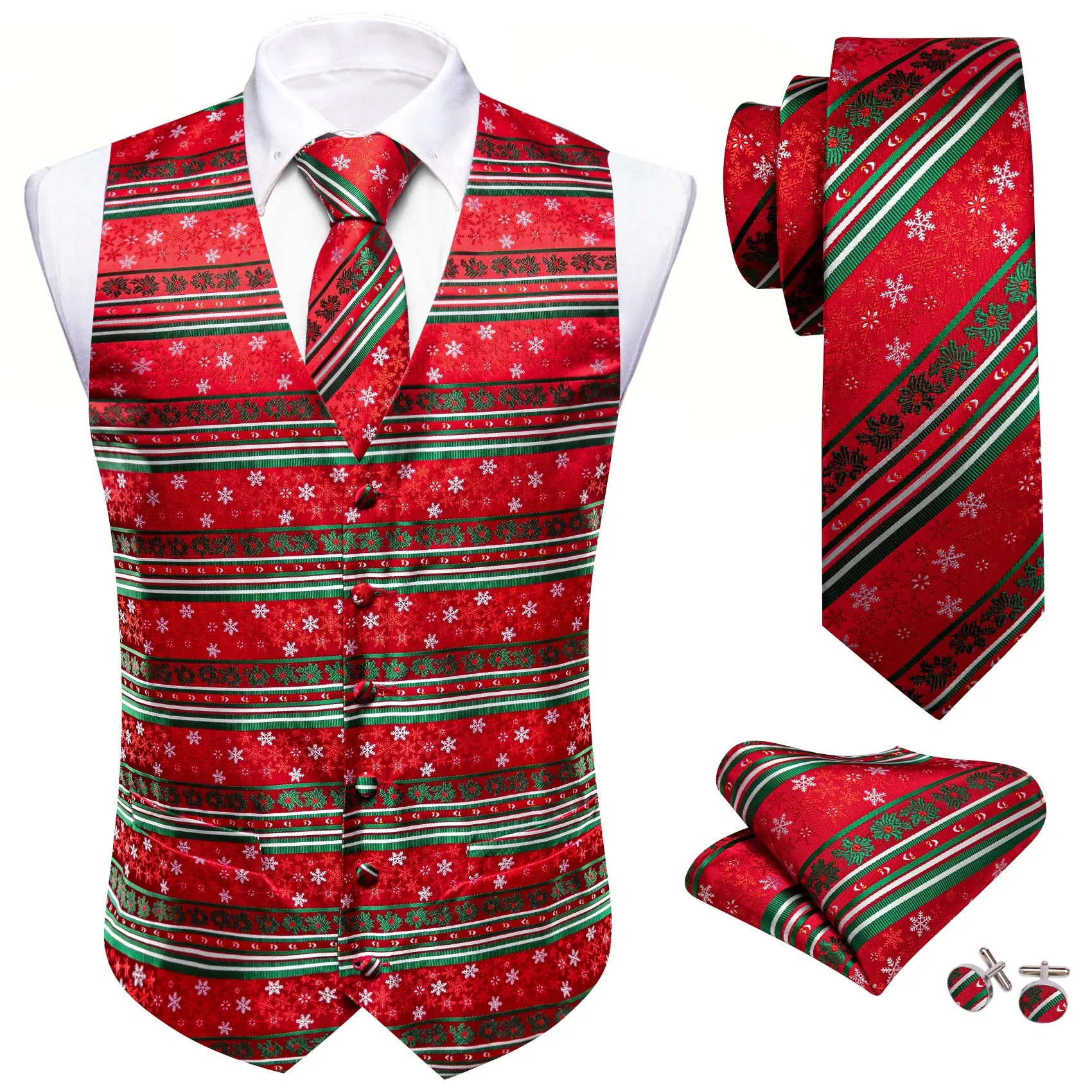 Christmas Bright Red Green White Snowflake Silk Men's Vest Hanky Cufflinks Tie Set