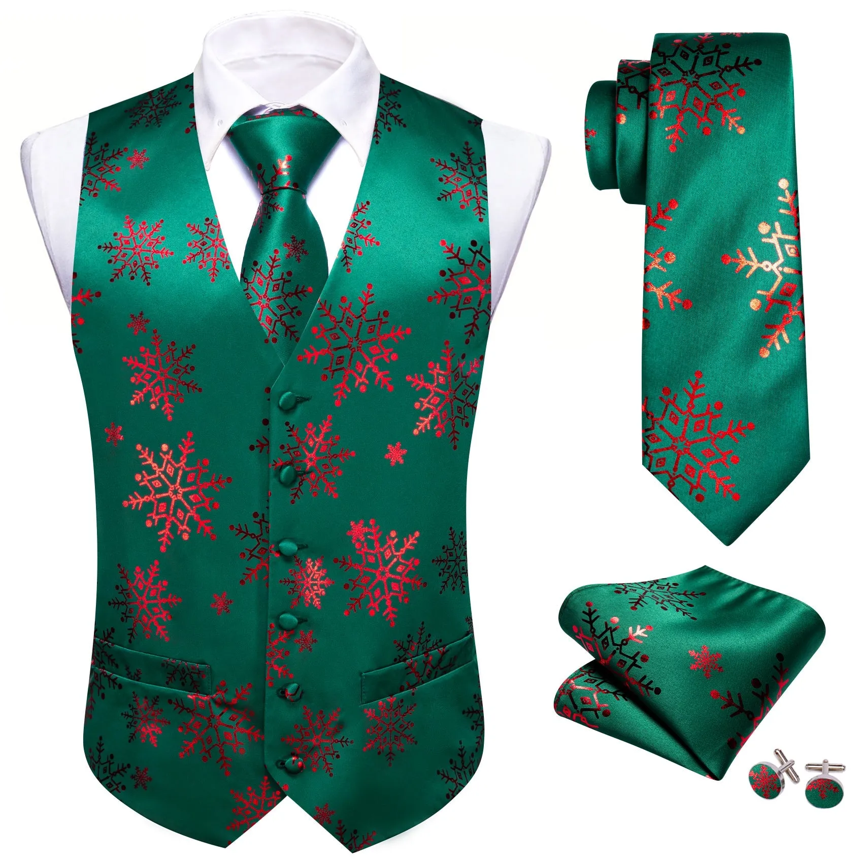 Christmas DarkGreen Red Snowflake Silk Men's Vest Hanky Cufflinks Tie Set