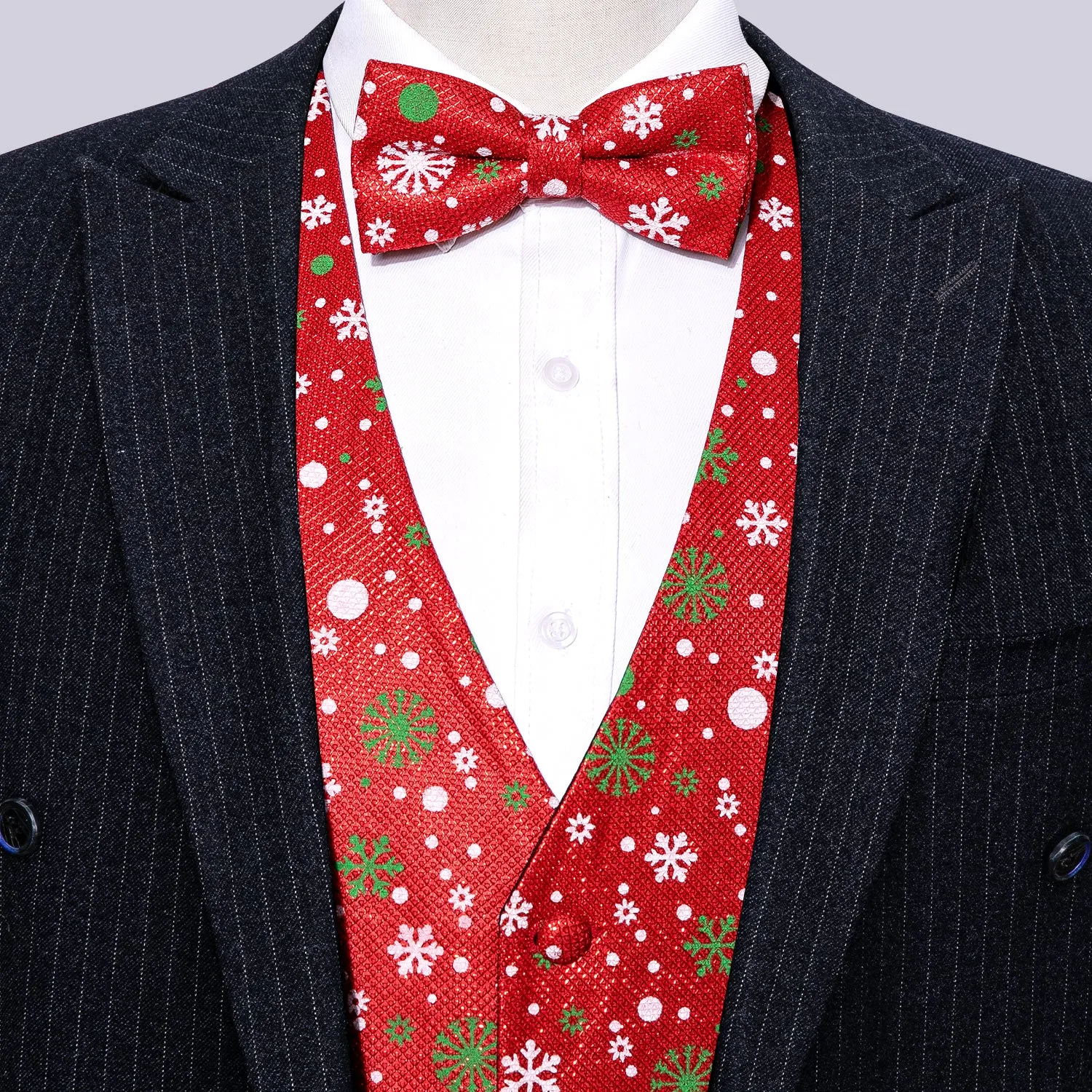 Christmas Red Snow Novelty Silk Men's Vest Bow Tie Set Waistcoat Suit Set