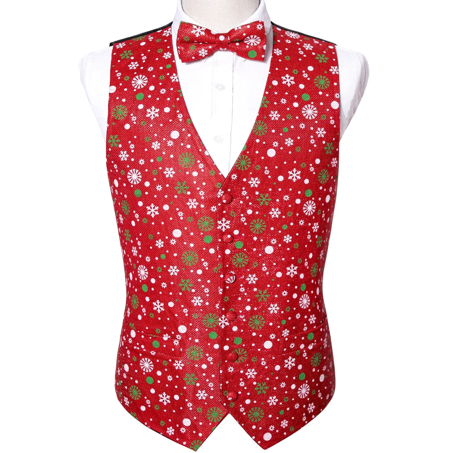 Christmas Red Snow Novelty Silk Men's Vest Bow Tie Set Waistcoat Suit Set