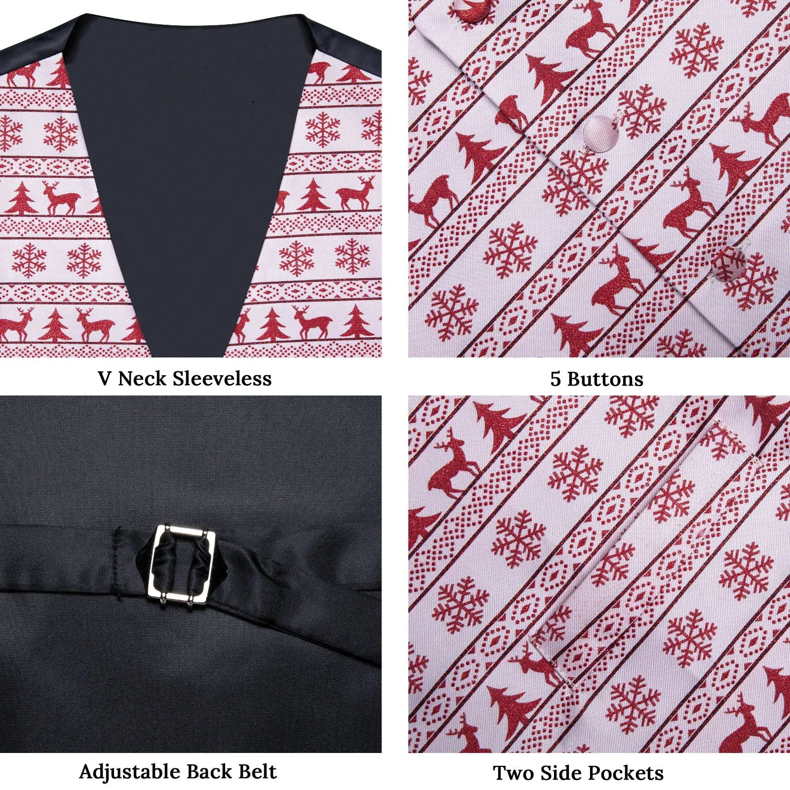 Christmas White Red Elk Novelty Jacquard Silk Men's Vest Hanky Cufflinks Tie Set