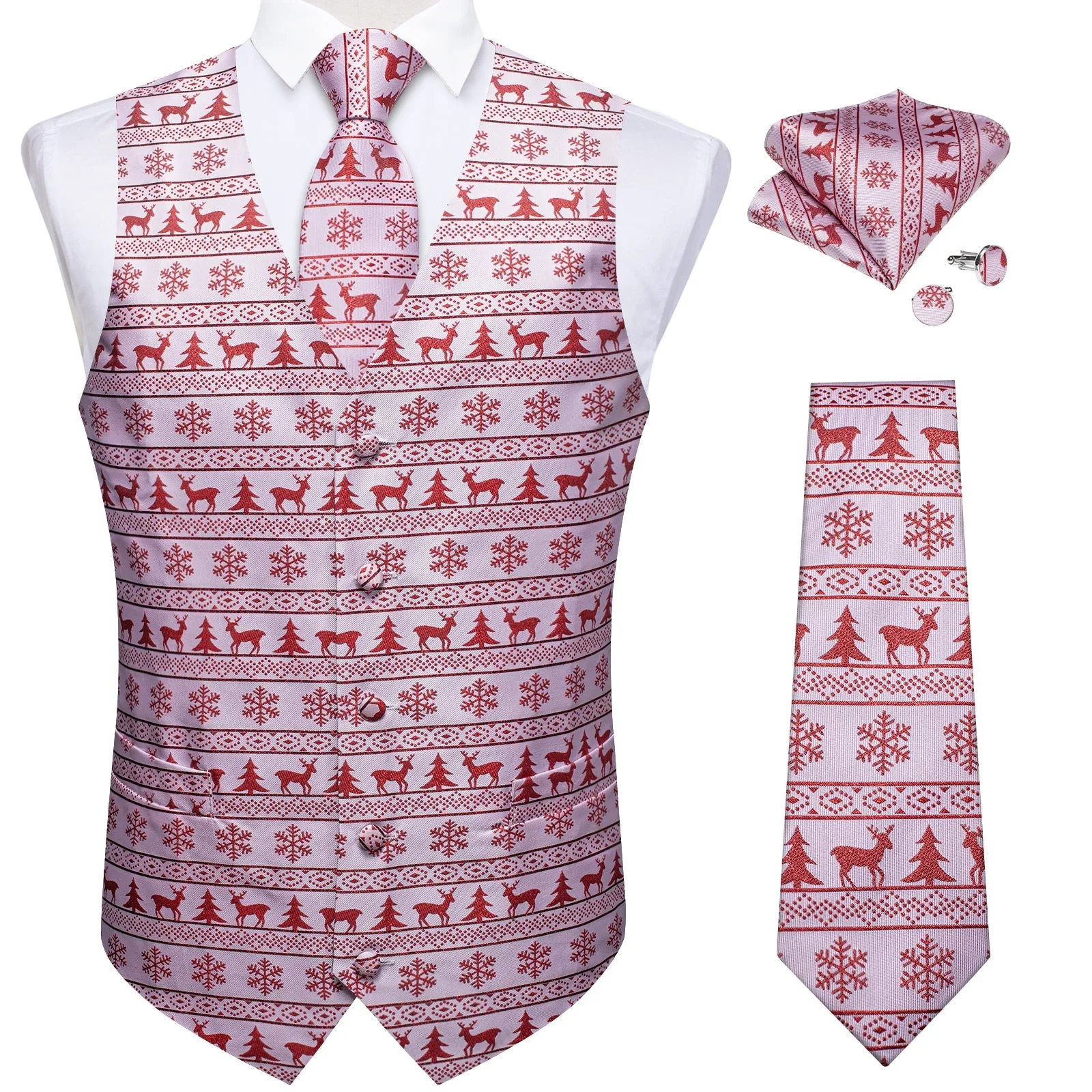 Christmas White Red Elk Novelty Jacquard Silk Men's Vest Hanky Cufflinks Tie Set