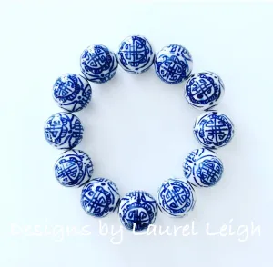 Chunky Blue and White Chinoiserie Chinese Symbol Beaded Statement Bracelet