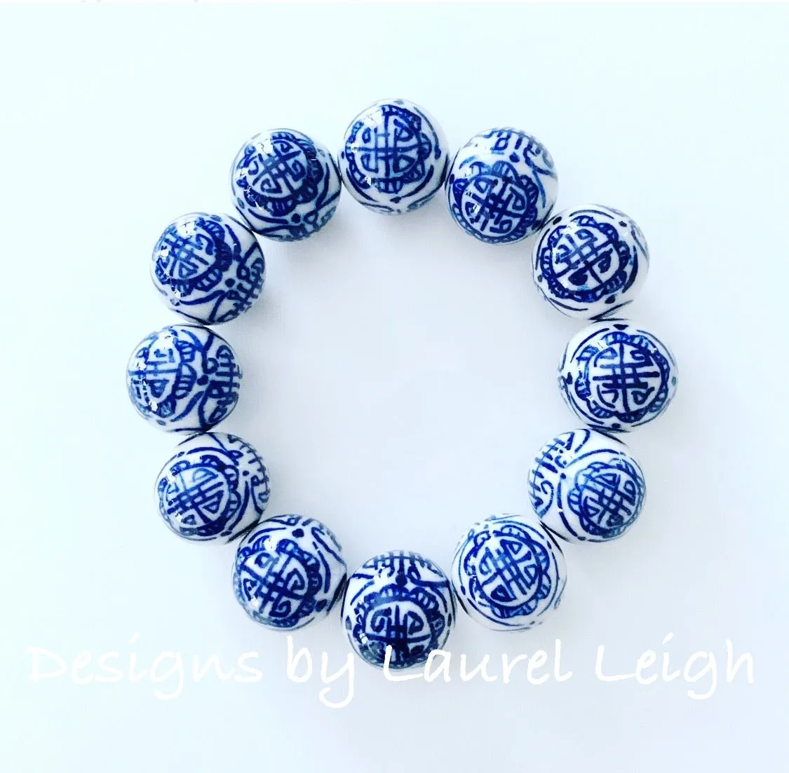 Chunky Blue and White Chinoiserie Chinese Symbol Beaded Statement Bracelet