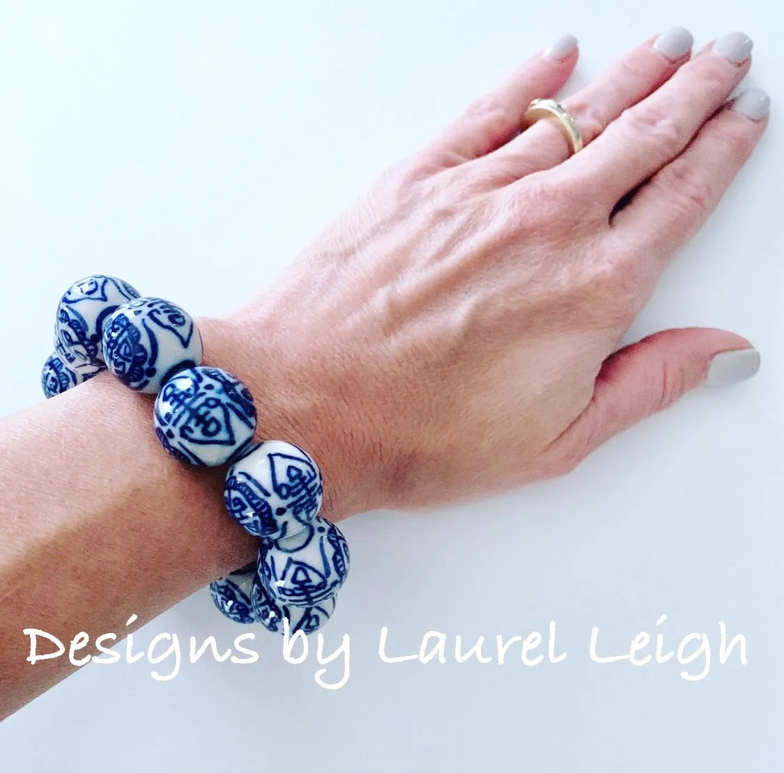 Chunky Blue and White Chinoiserie Chinese Symbol Beaded Statement Bracelet