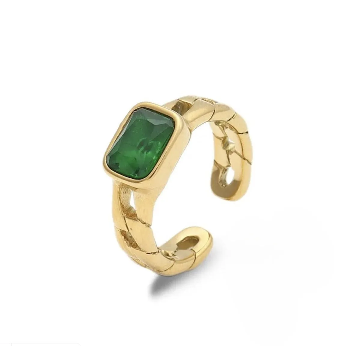 Chunky Chain Green Emerald Ring