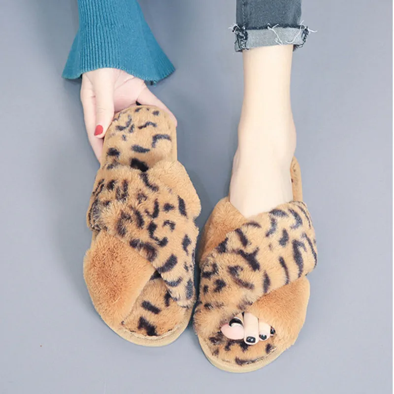 Cross-strap Fuzzy Slippers Leopard Plush House Shoes Flat Bedroom Slippers Slippers For Women