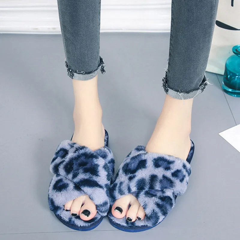 Cross-strap Fuzzy Slippers Leopard Plush House Shoes Flat Bedroom Slippers Slippers For Women