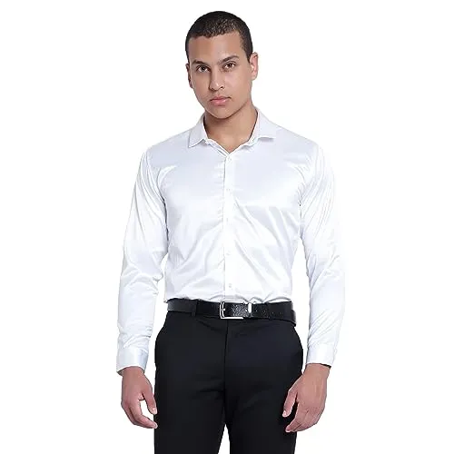 CVC by Solid Men's 100% Thai Silk Solid Full Sleeves Regular Fit Causal/Formal Shirt (38, White)