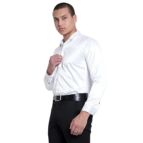 CVC by Solid Men's 100% Thai Silk Solid Full Sleeves Regular Fit Causal/Formal Shirt (38, White)