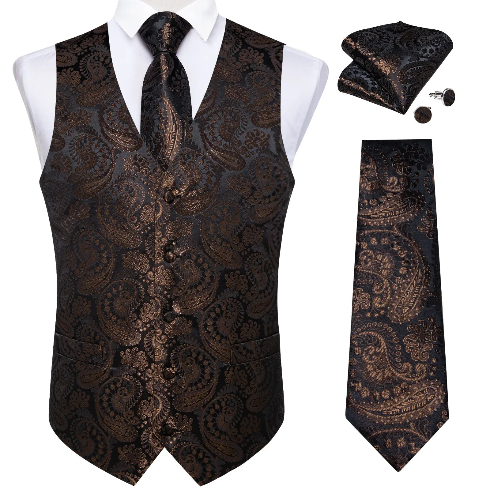 Dark Brown Paisley Silk Men's Vest Hanky Cufflinks Tie Set