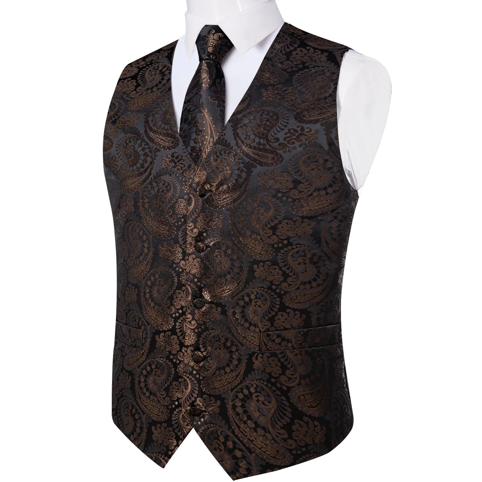 Dark Brown Paisley Silk Men's Vest Hanky Cufflinks Tie Set