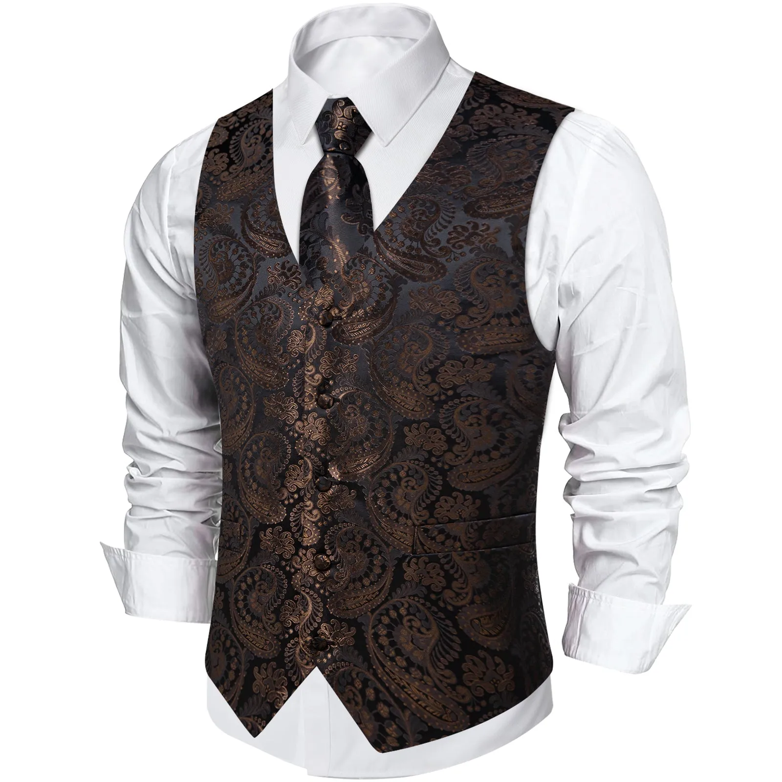 Dark Brown Paisley Silk Men's Vest Hanky Cufflinks Tie Set