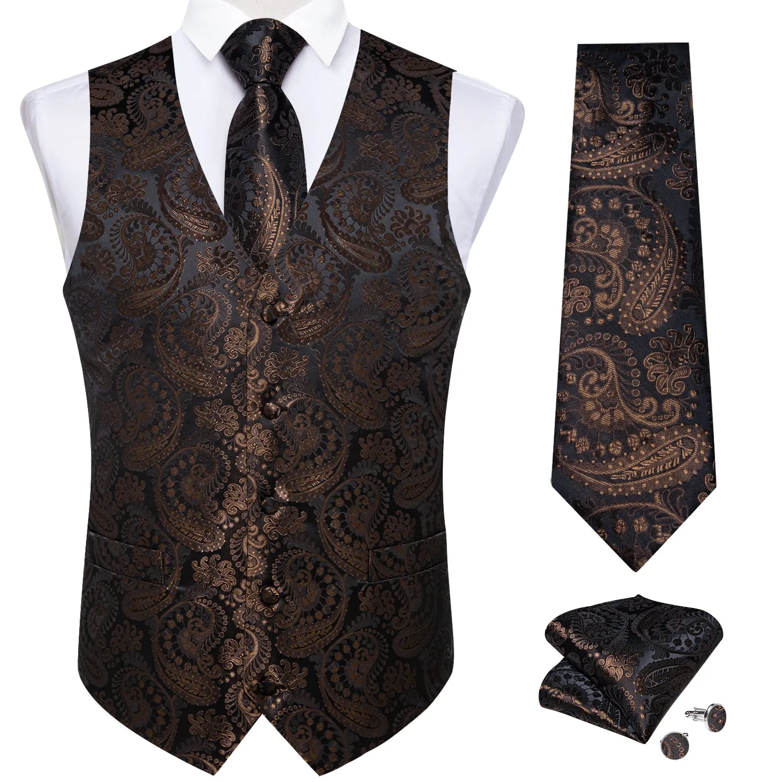 Dark Brown Paisley Silk Men's Vest Hanky Cufflinks Tie Set