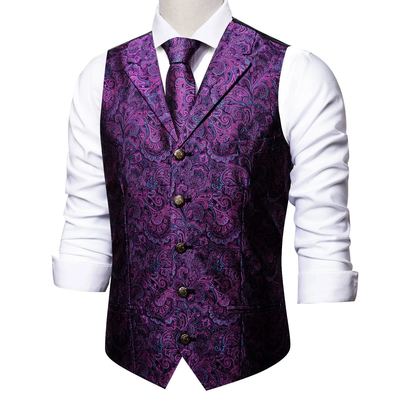 Dark Purple Paisley Metal Button Jacquard Silk Men's Vest Hanky Cufflinks Tie Set