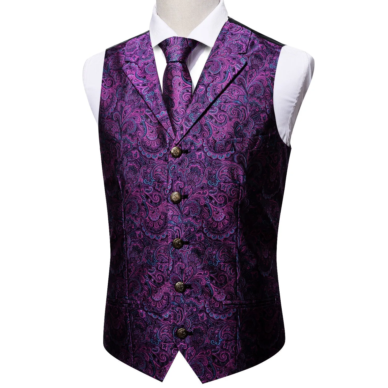 Dark Purple Paisley Metal Button Jacquard Silk Men's Vest Hanky Cufflinks Tie Set