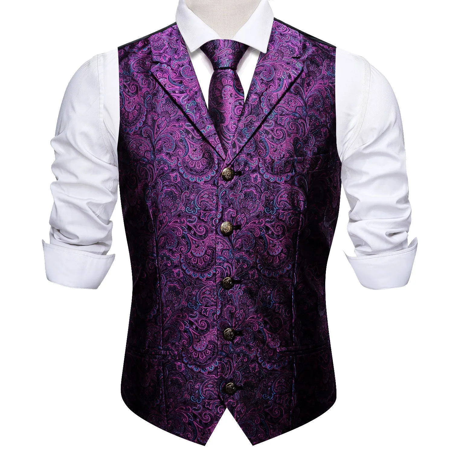 Dark Purple Paisley Metal Button Jacquard Silk Men's Vest Hanky Cufflinks Tie Set