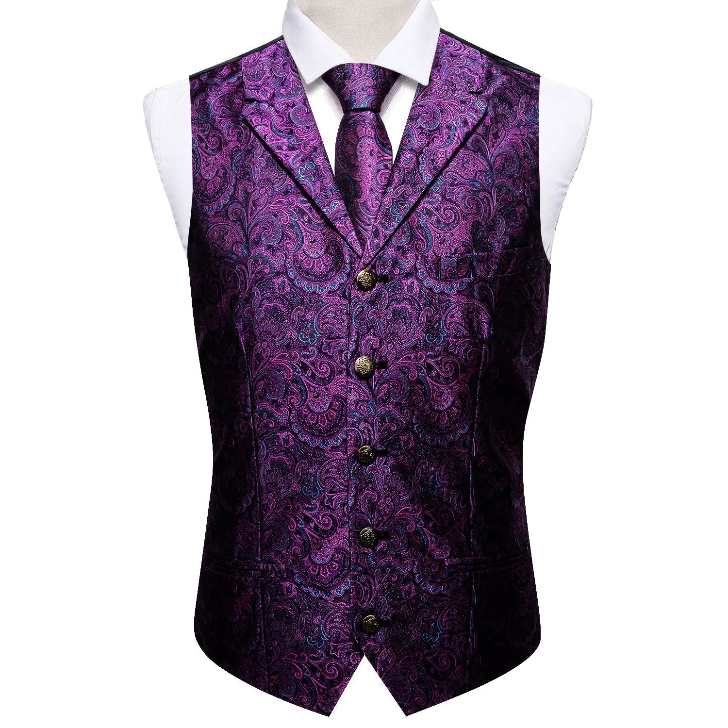 Dark Purple Paisley Metal Button Jacquard Silk Men's Vest Hanky Cufflinks Tie Set