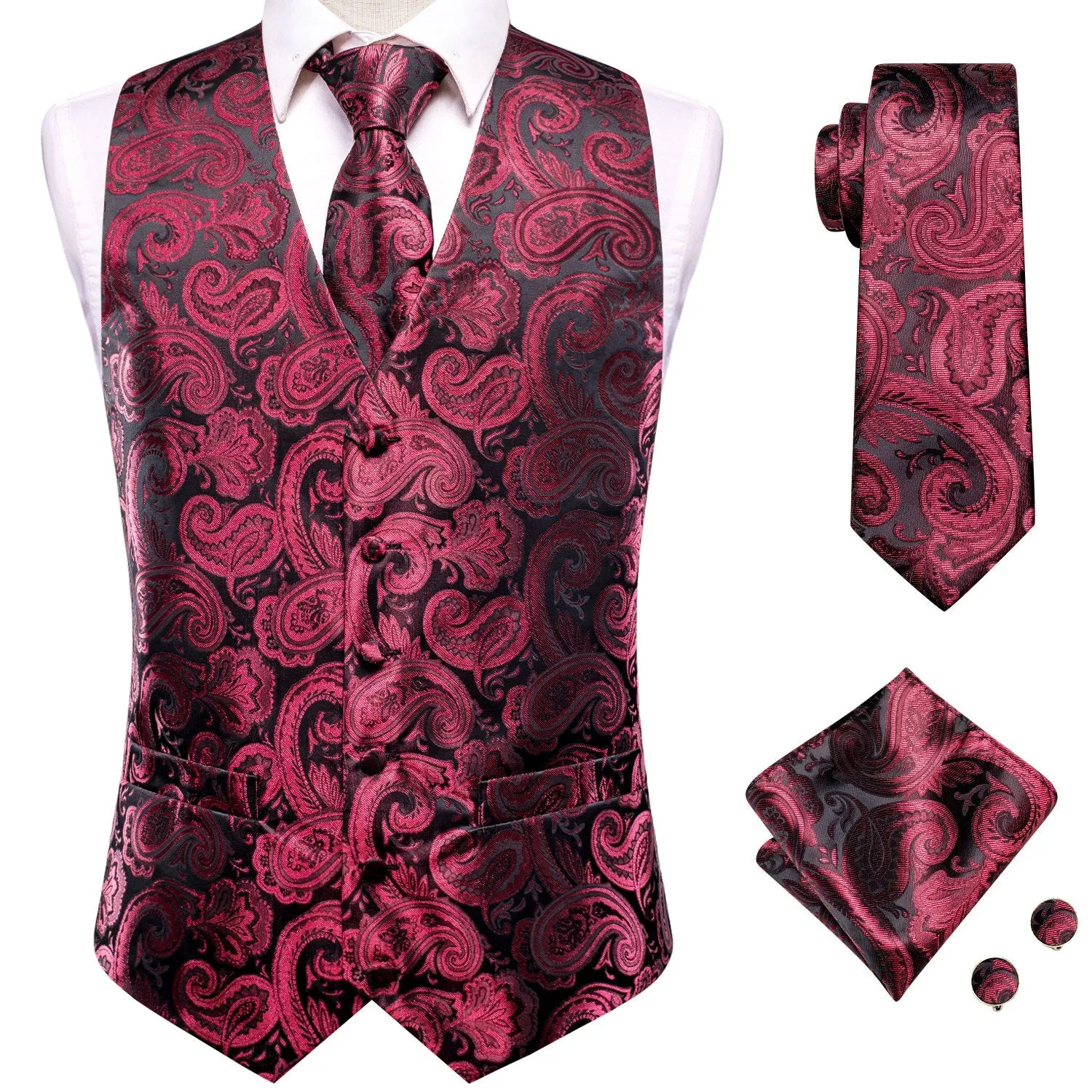 Dark Red Paisley Jacquard Silk Men's Vest Hanky Cufflinks Tie Set