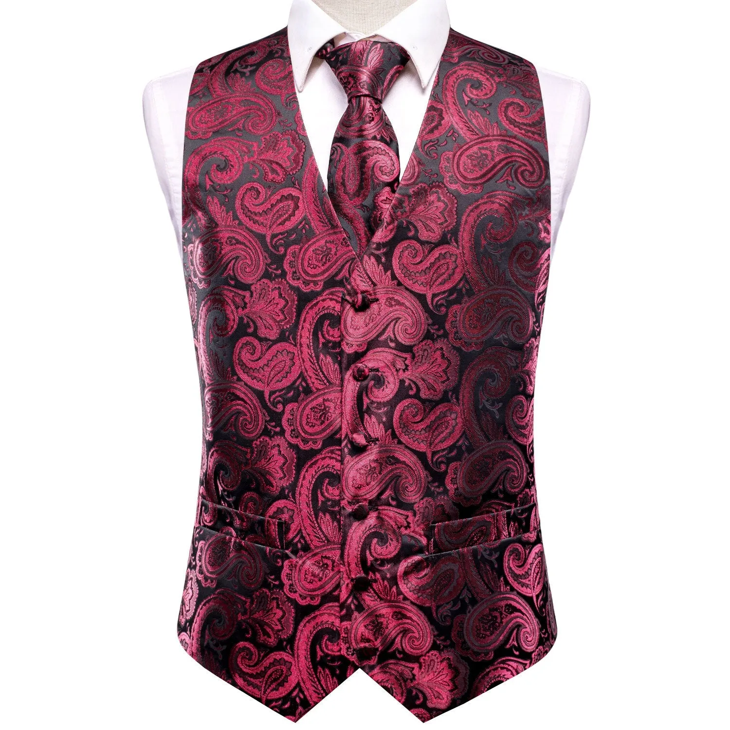 Dark Red Paisley Jacquard Silk Men's Vest Hanky Cufflinks Tie Set