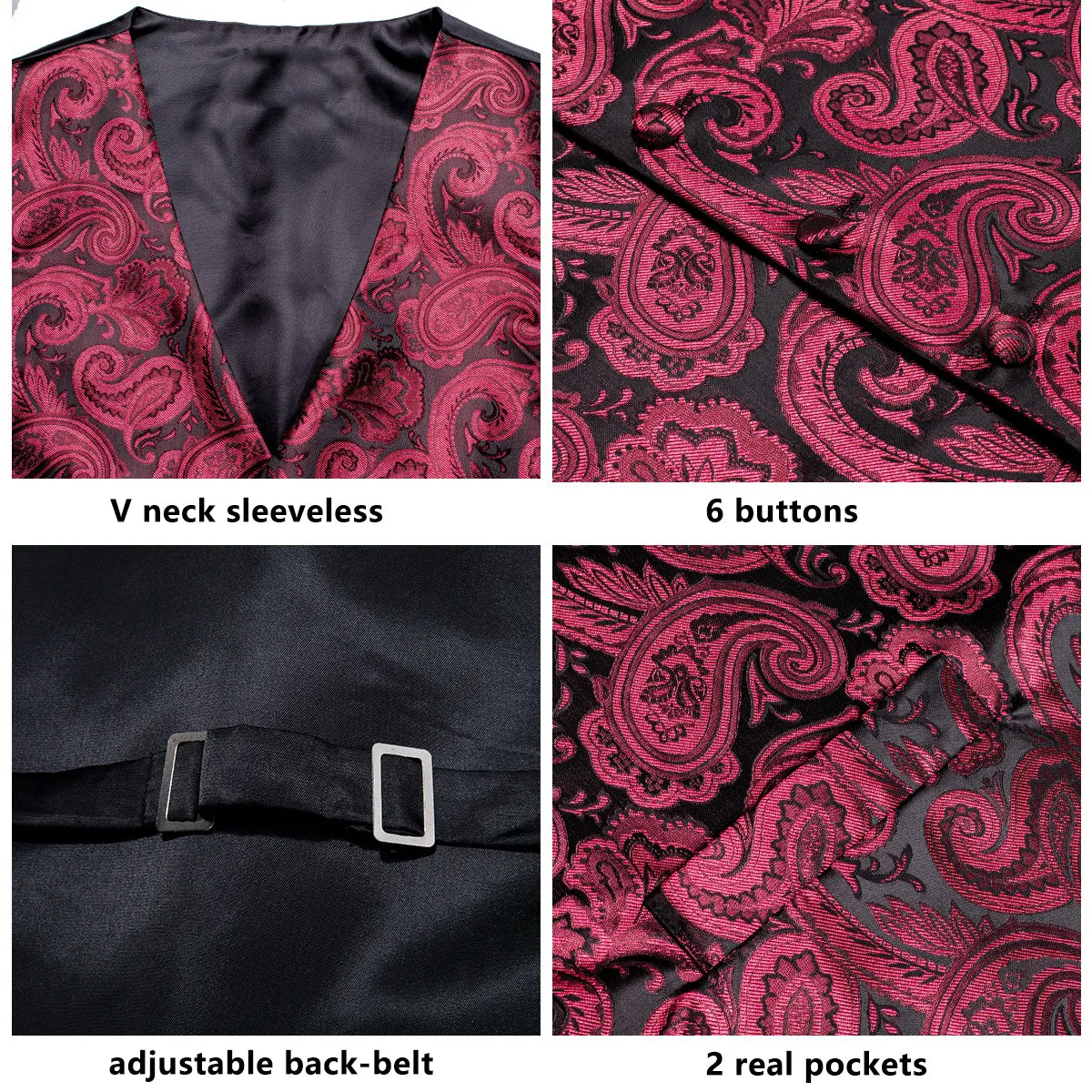 Dark Red Paisley Jacquard Silk Men's Vest Hanky Cufflinks Tie Set