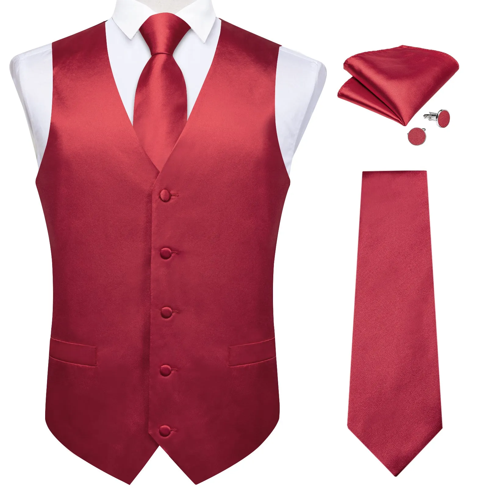 Dark Red Solid Satin Men's Vest Tie Set