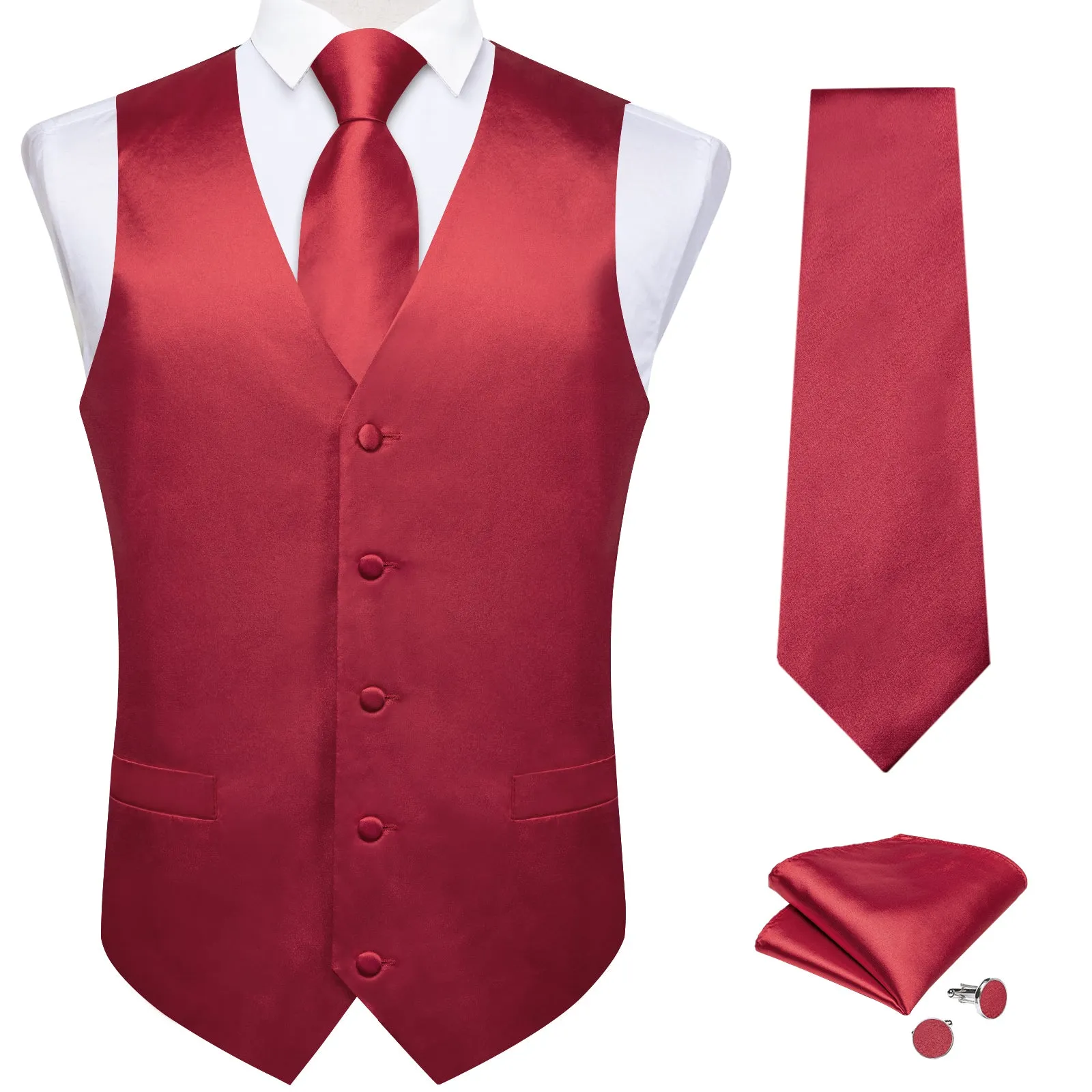 Dark Red Solid Satin Men's Vest Tie Set