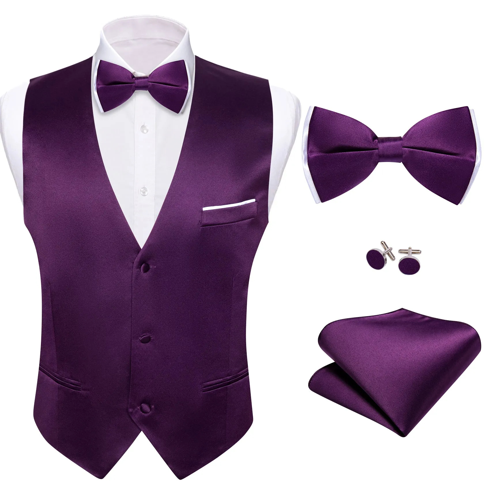 DarkMagenta Solid Silk Men's Vest Bow Tie Set Waistcoat Suit Set