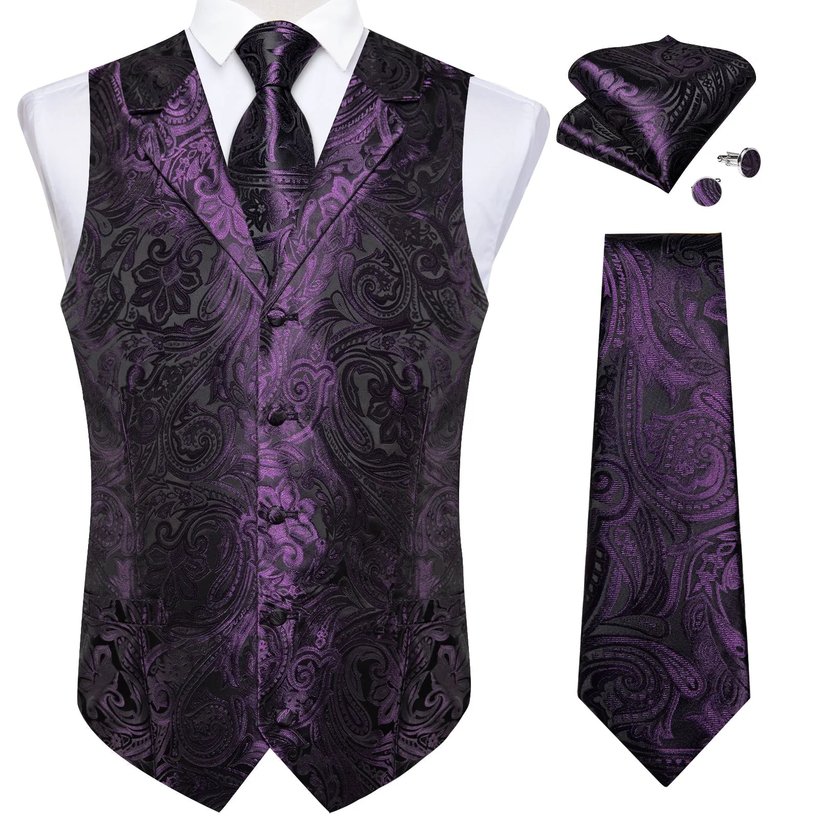 Deep Purple Paisley Men's Collar Vest Tie Hanky Cufflinks Set Waistcoat Suit Set