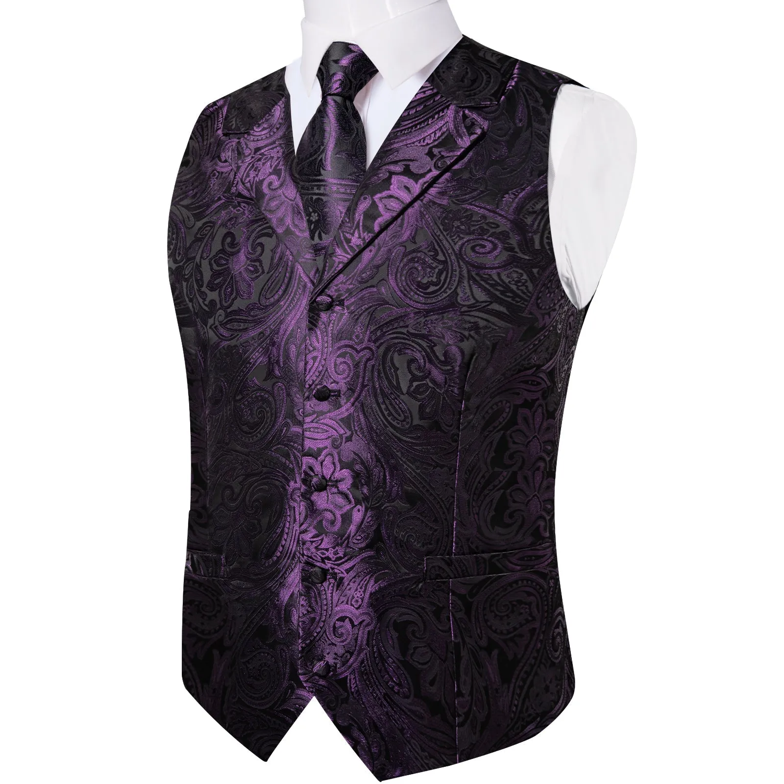 Deep Purple Paisley Men's Collar Vest Tie Hanky Cufflinks Set Waistcoat Suit Set