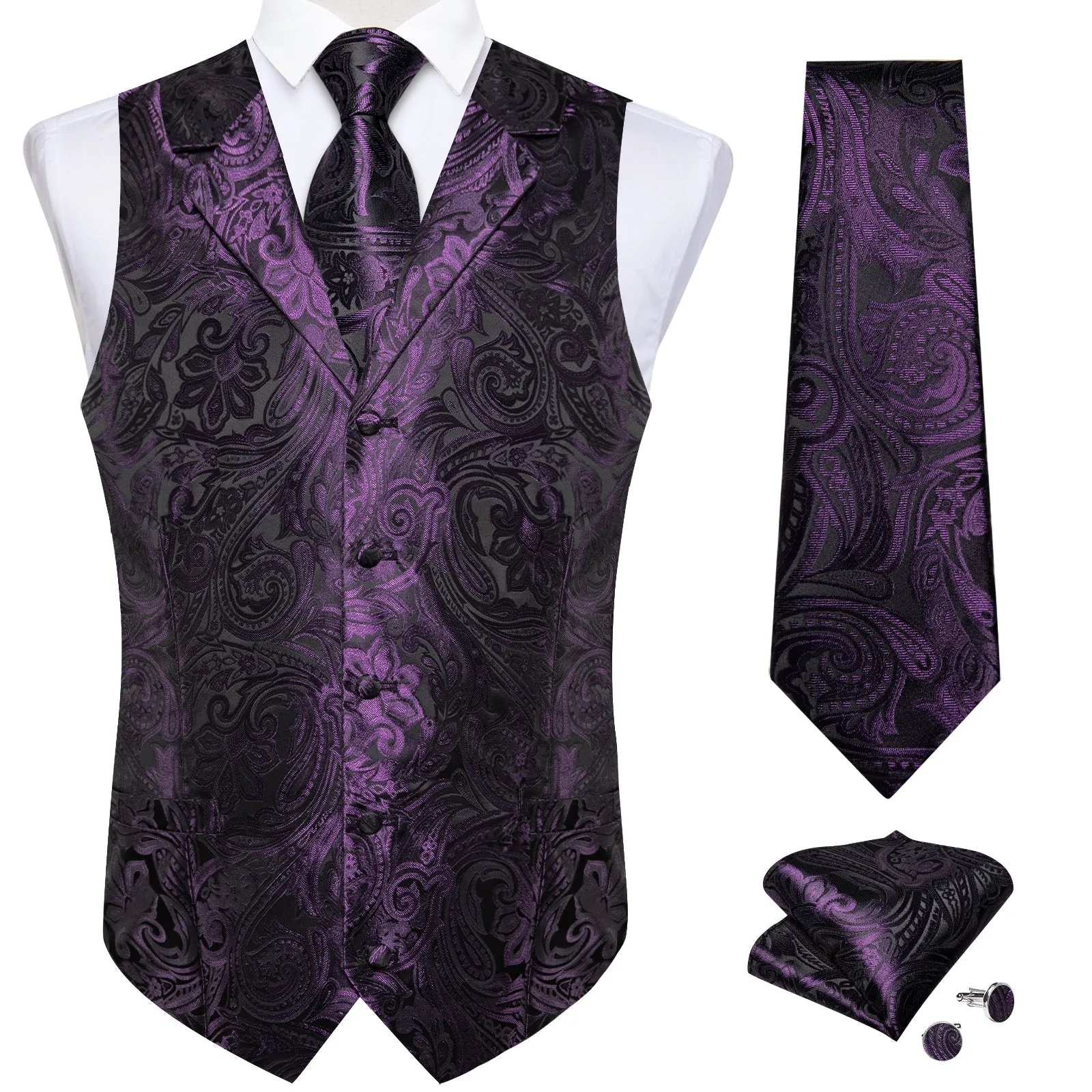 Deep Purple Paisley Men's Collar Vest Tie Hanky Cufflinks Set Waistcoat Suit Set