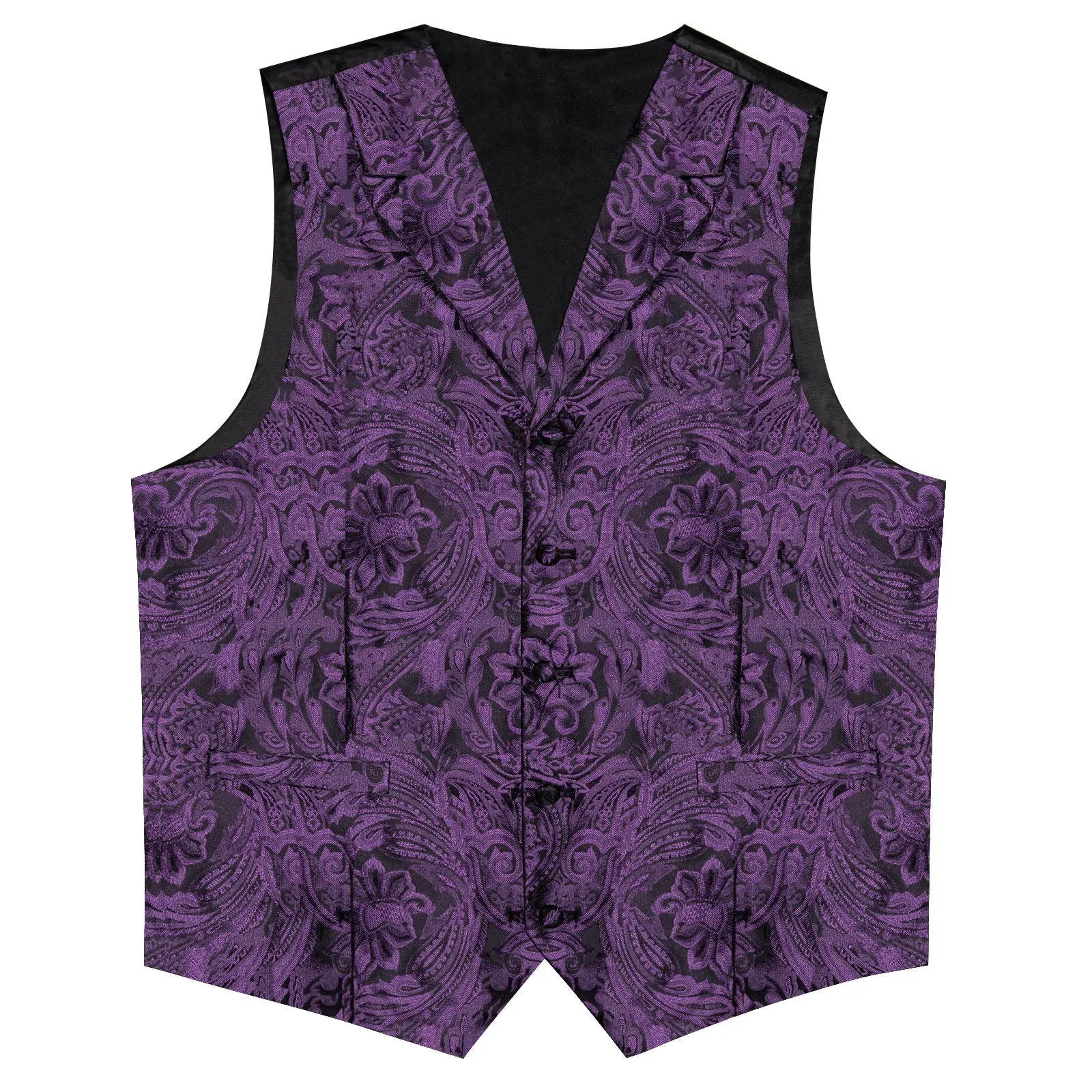 Deep Purple Paisley Men's Collar Vest Tie Hanky Cufflinks Set Waistcoat Suit Set