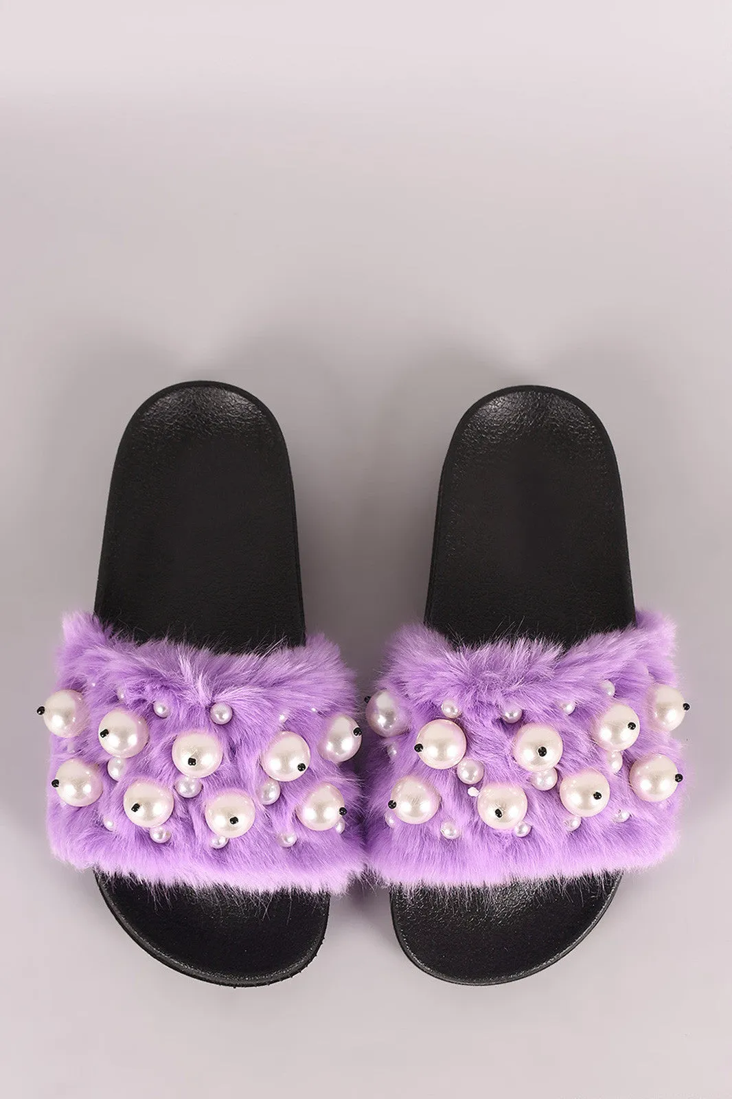 Faux Pearl Embellished Fur Slide Sandal