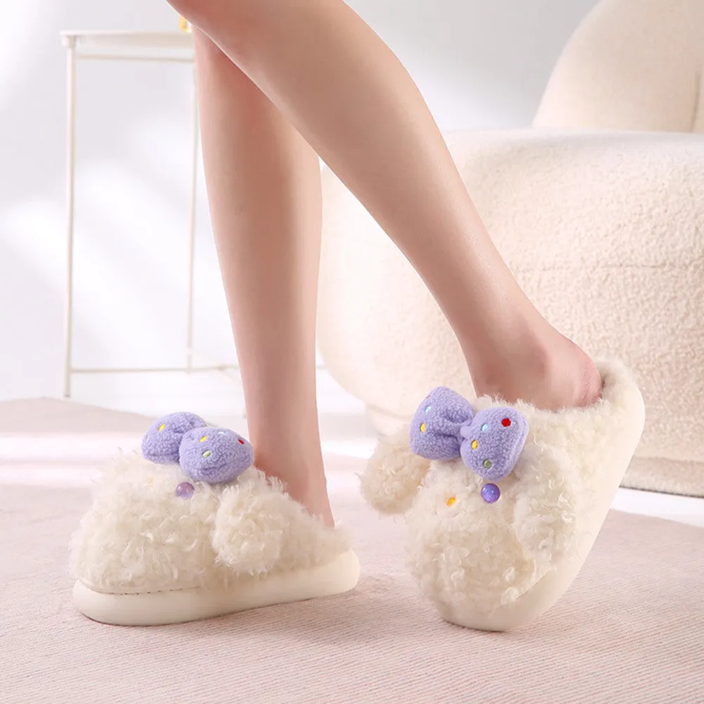 Fluffy Coral Fleece Slippers with Bows for Women