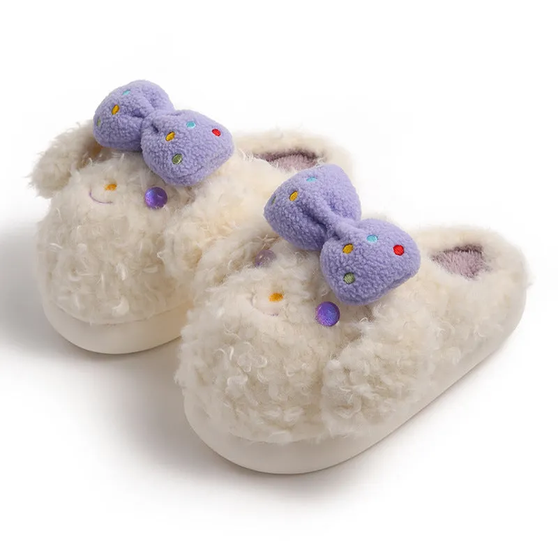 Fluffy Coral Fleece Slippers with Bows for Women