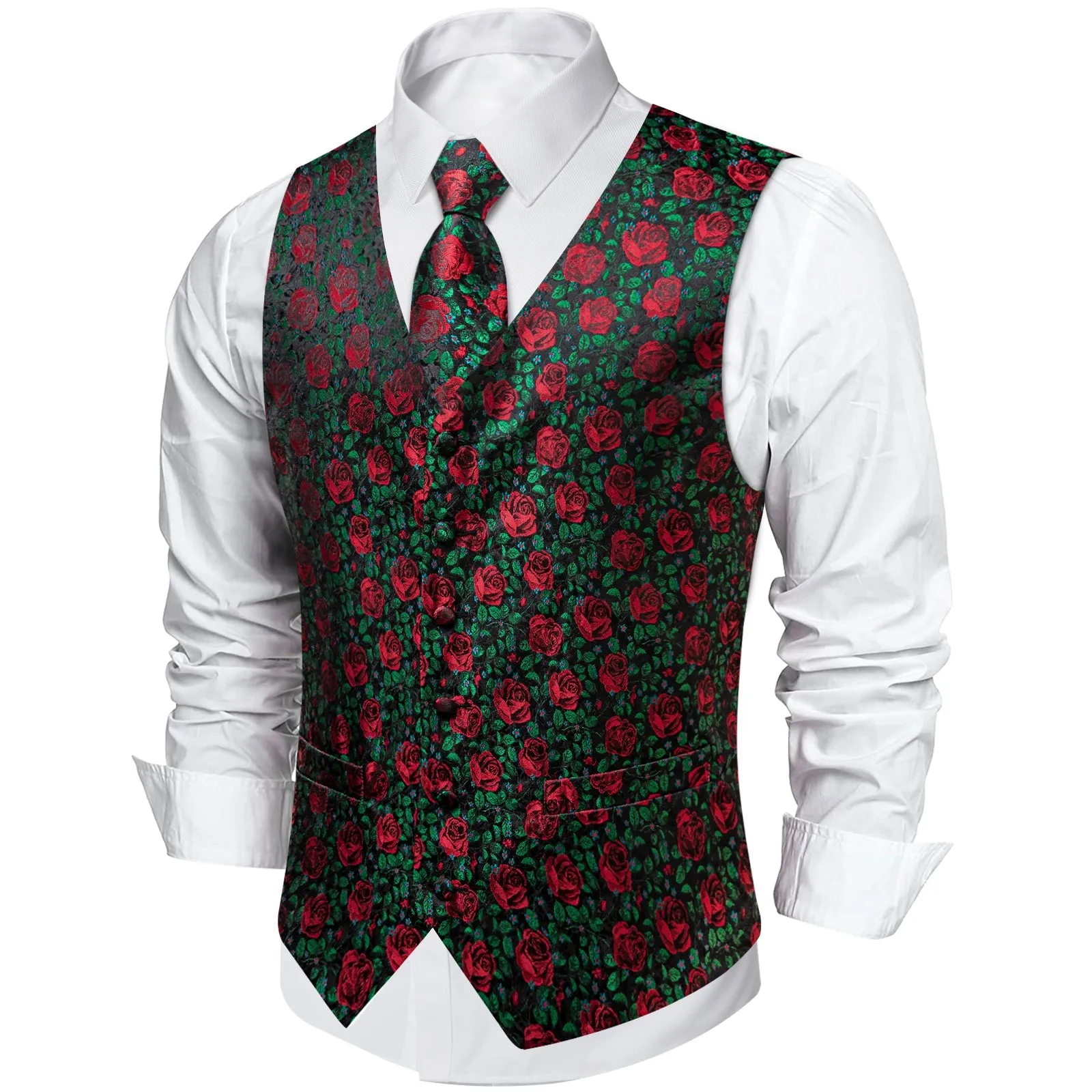 ForestGreen Rose Red Floral Men's Vest Tie Set