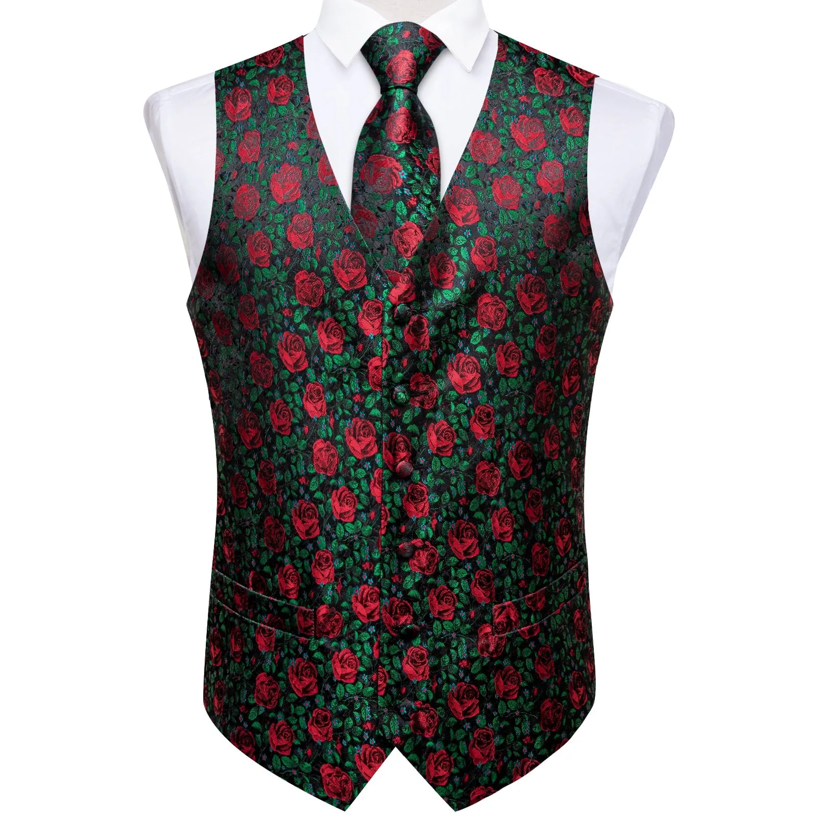 ForestGreen Rose Red Floral Men's Vest Tie Set