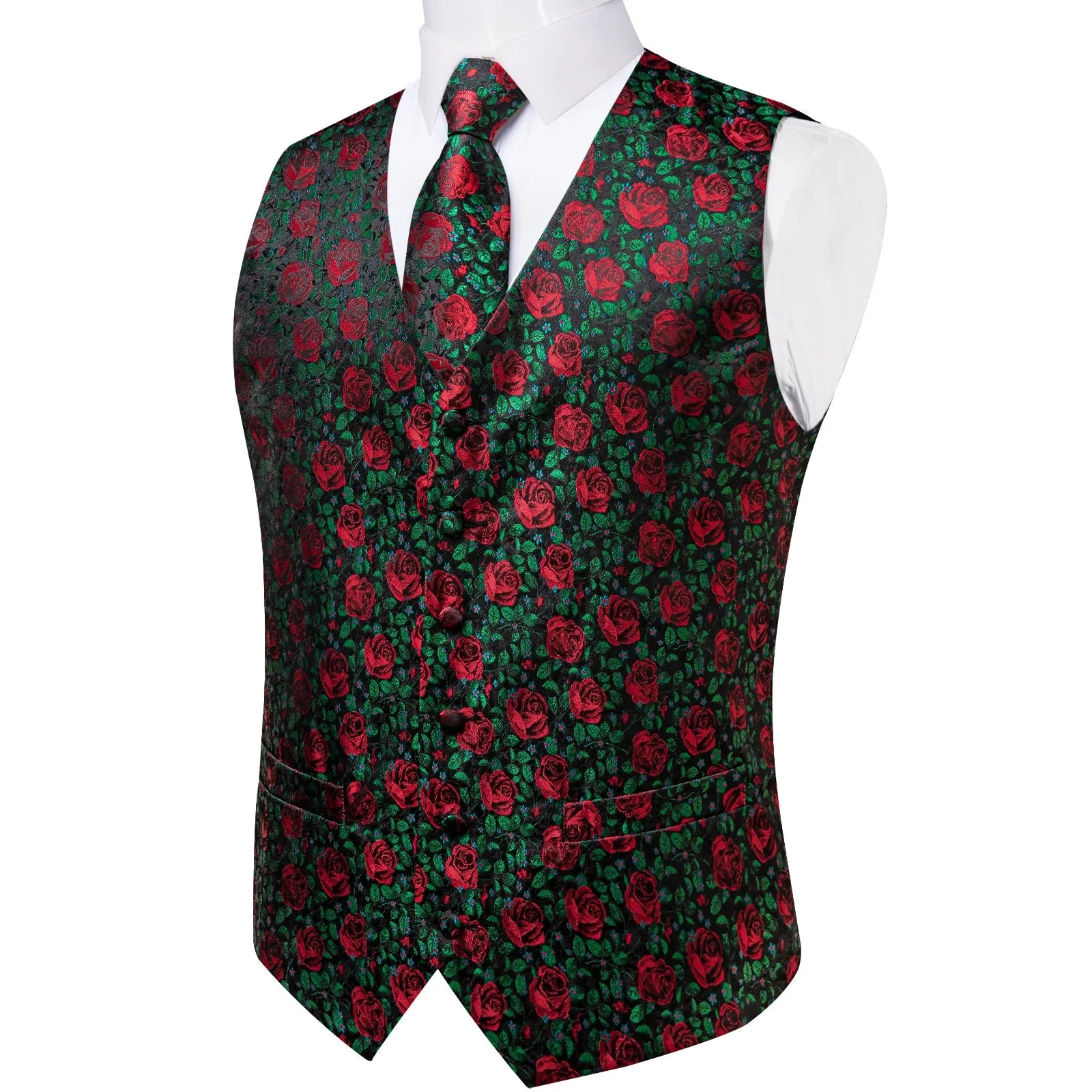 ForestGreen Rose Red Floral Men's Vest Tie Set