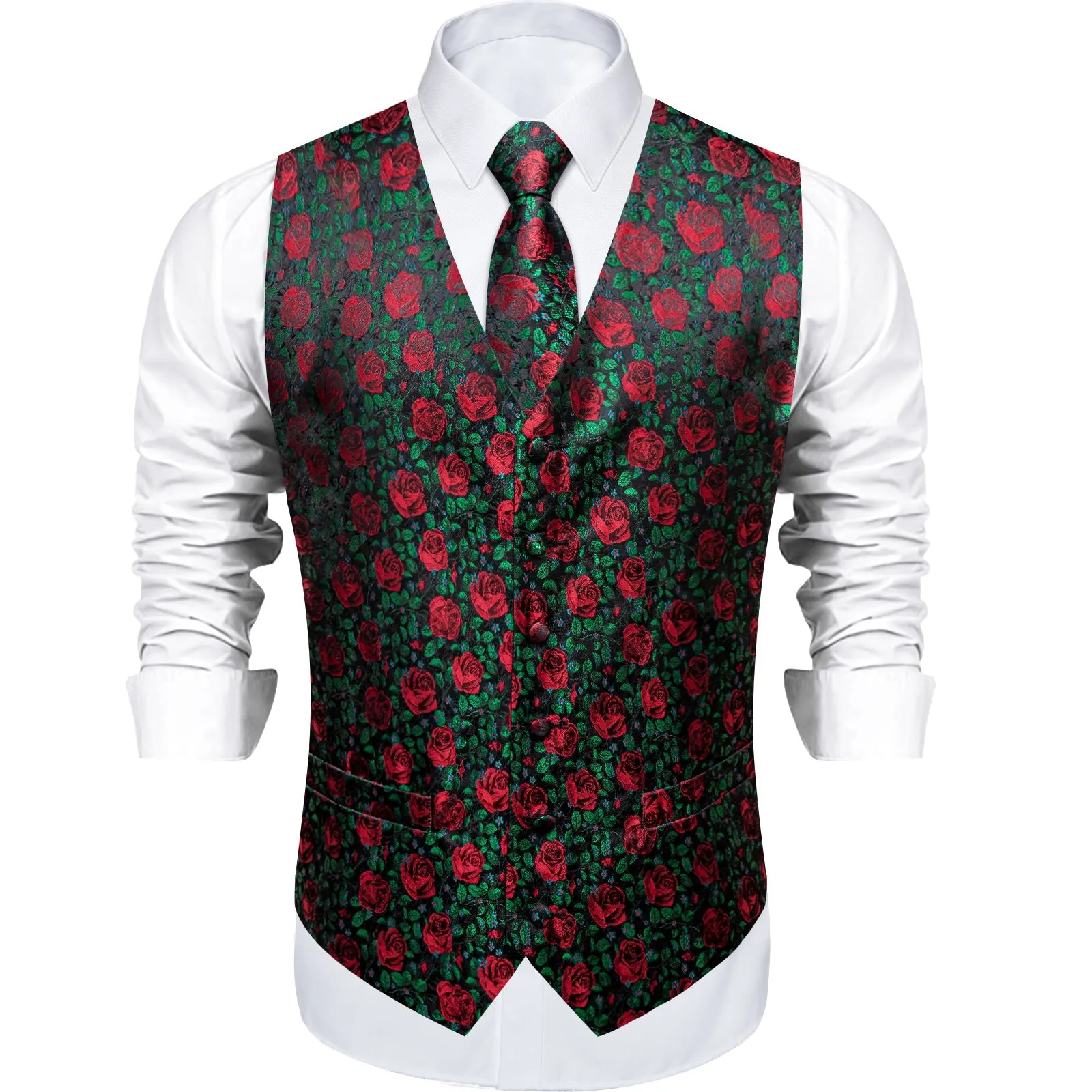 ForestGreen Rose Red Floral Men's Vest Tie Set