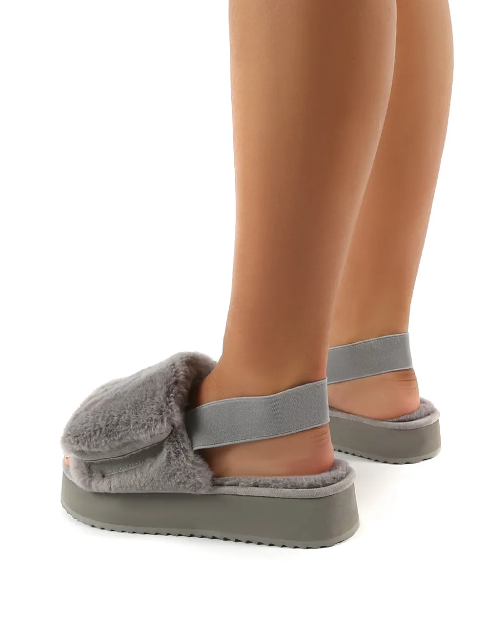 Funky Grey Platform Chunky Sole Velcro Strap Slippers