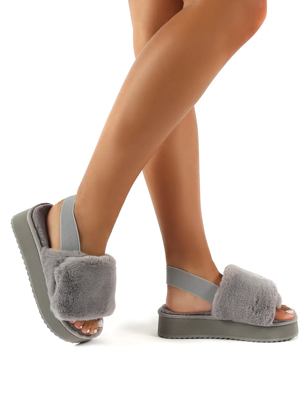 Funky Grey Platform Chunky Sole Velcro Strap Slippers