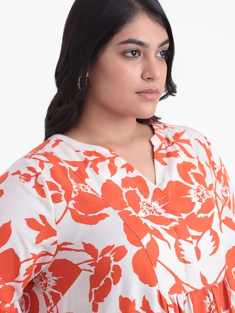 Gia White and Orange Printed Floral Relaxed Fit Figaro Dress