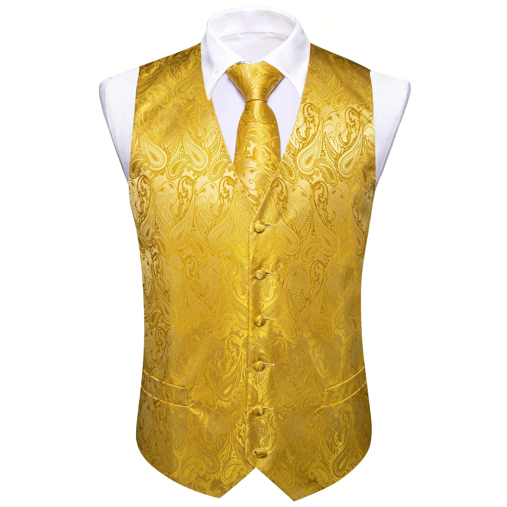 Golden Yellow Formal Floral Paisley Men's Vest Tie Hanky Cufflinks Silk Set