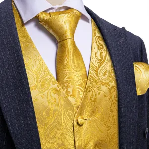 Golden Yellow Formal Floral Paisley Men's Vest Tie Hanky Cufflinks Silk Set