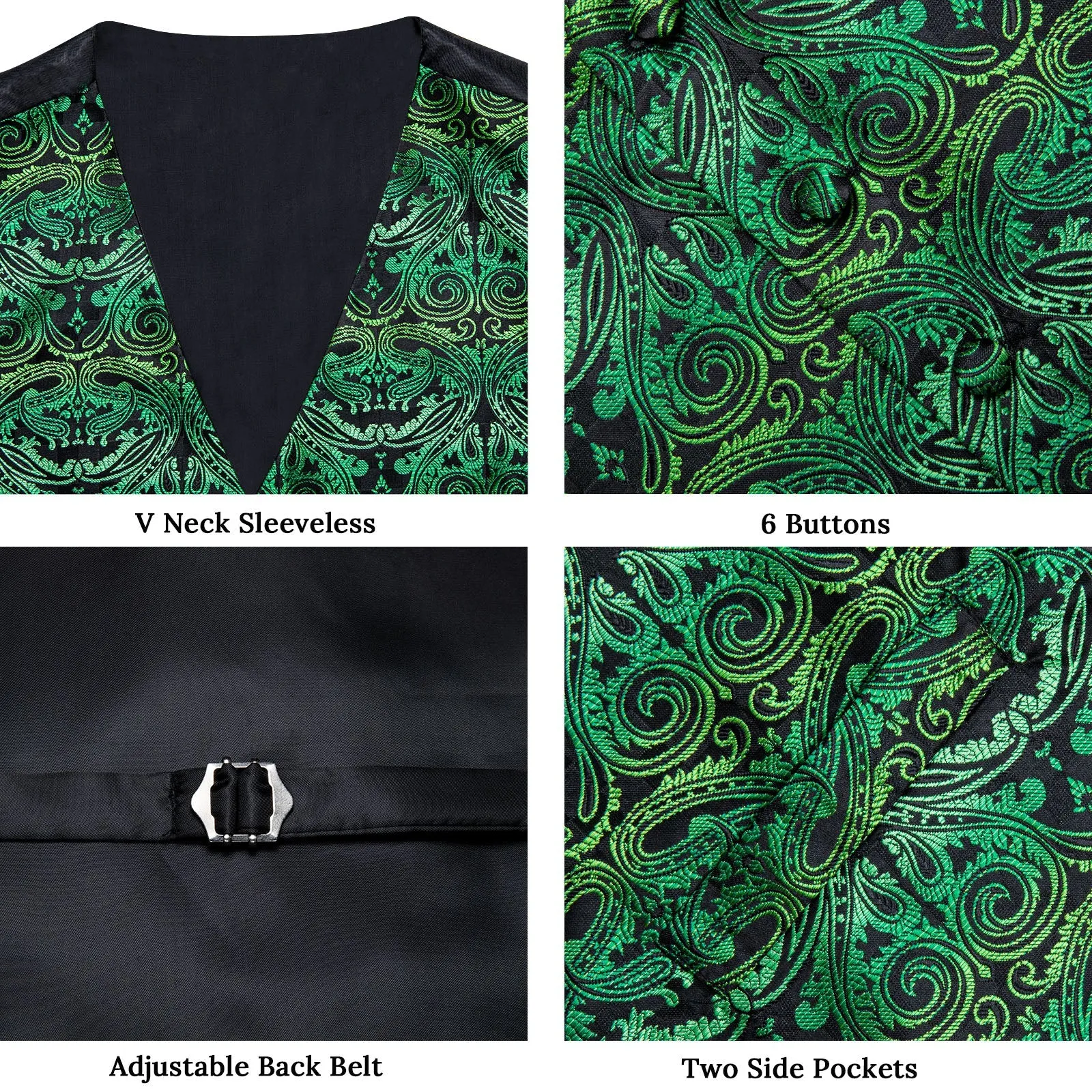 Green Paisley Silk Men's Vest Hanky Cufflinks Tie Set