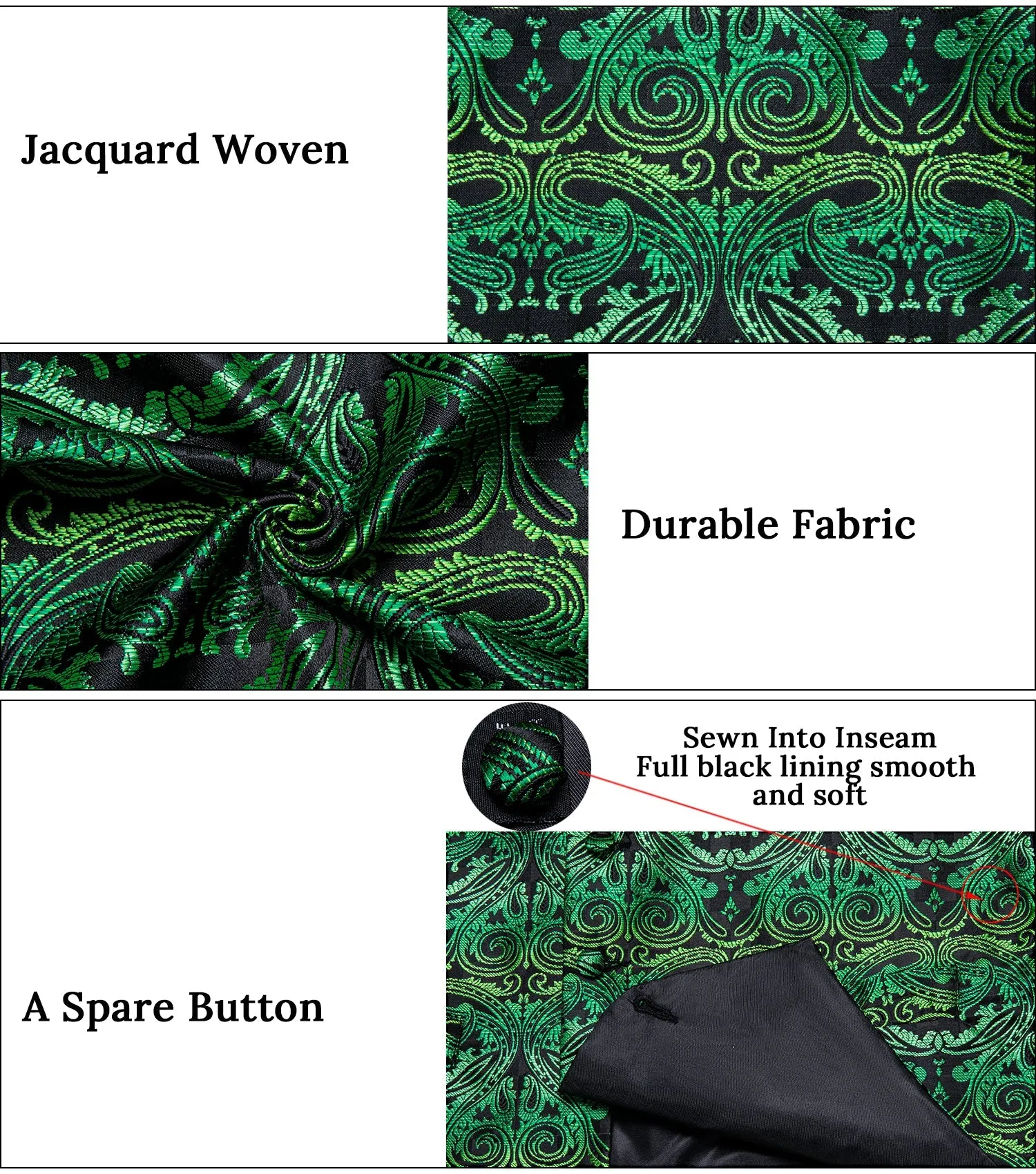 Green Paisley Silk Men's Vest Hanky Cufflinks Tie Set