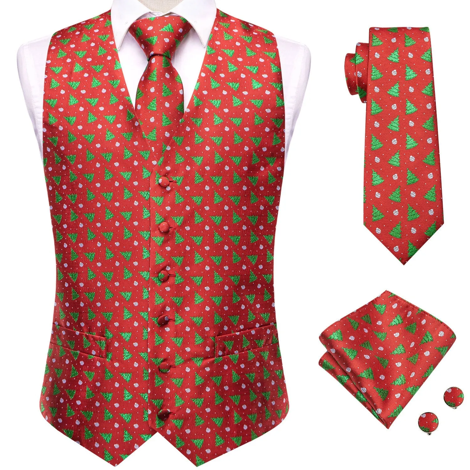 Green Red Christmas Tree Novelty Jacquard Silk Men's Vest Hanky Cufflinks Tie Set