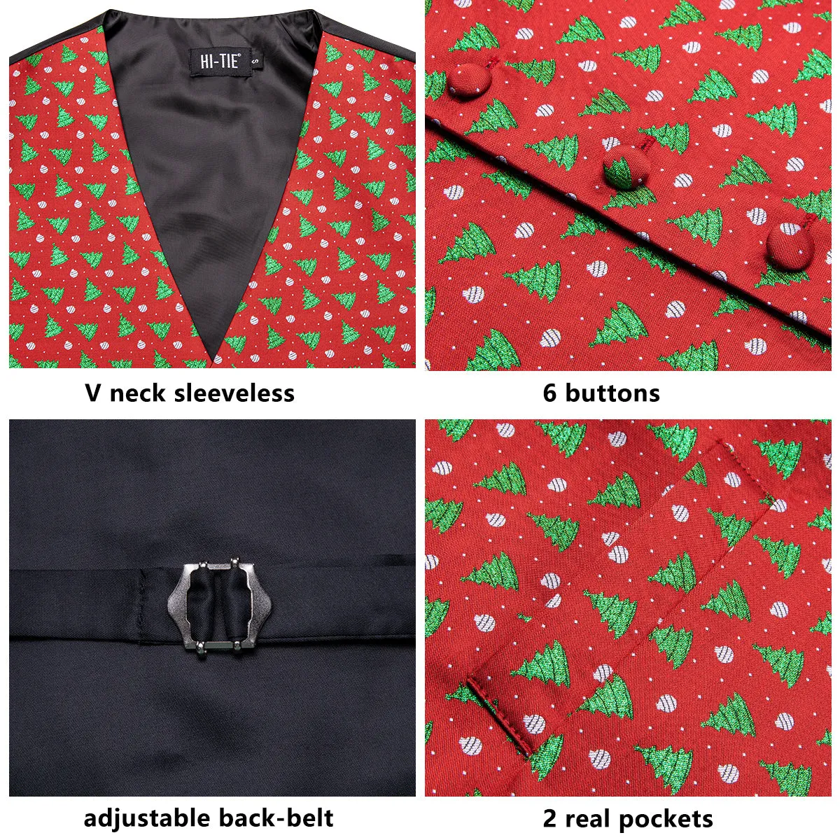 Green Red Christmas Tree Novelty Jacquard Silk Men's Vest Hanky Cufflinks Tie Set