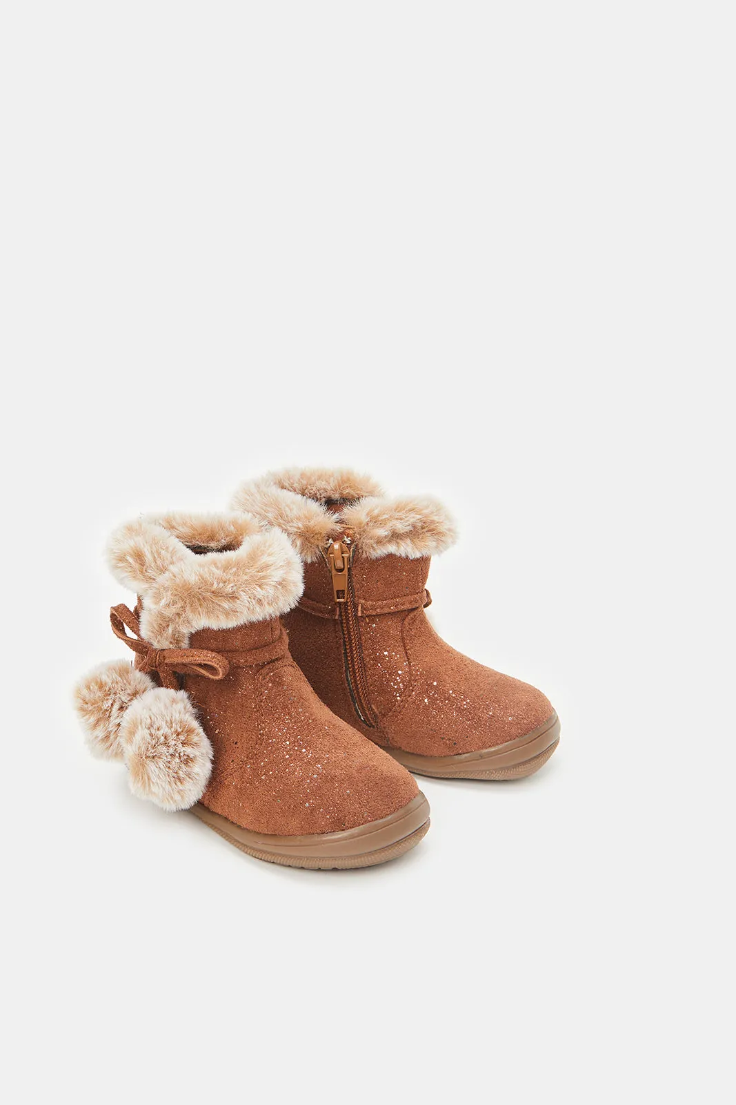 Infant Girls Brown Pom Pom Ankle Boots